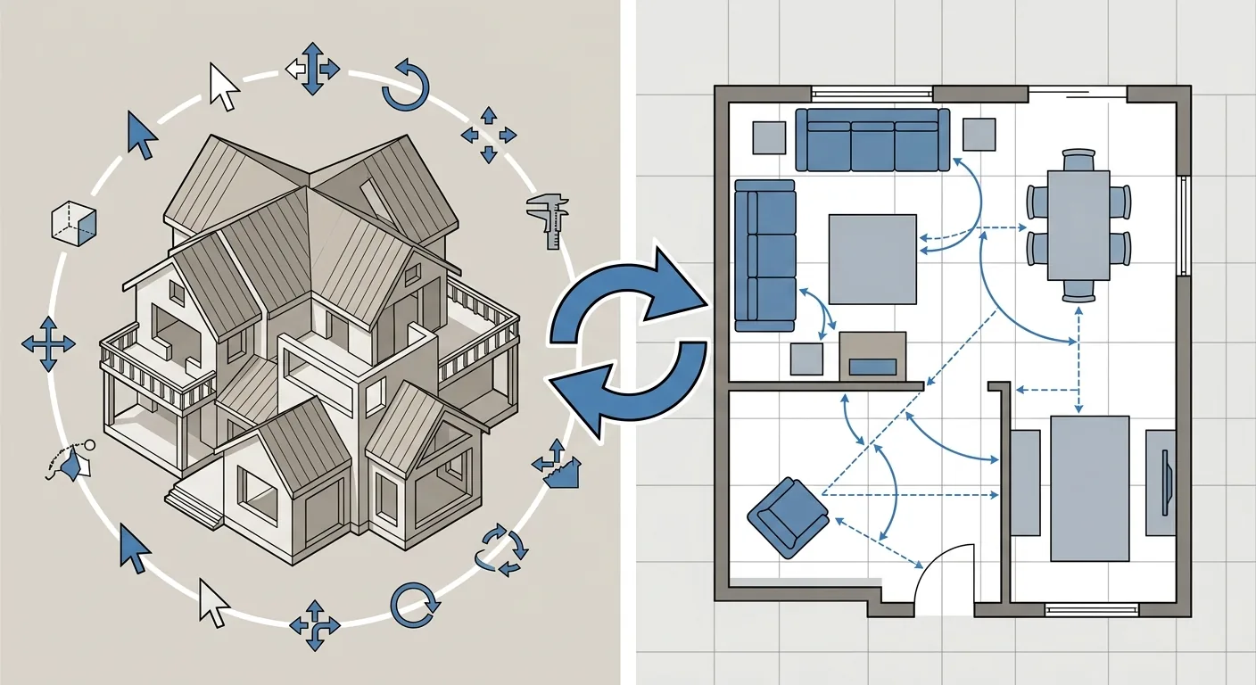 SketchUp 專業建模 vs 擺擺看快速擺尺寸的分工示意,左側為一個複雜的房屋立體量體被工具環繞(代表專業建模、投入較多)、右側為一張俯視平面圖上幾件家具已就定位並有間距量測弧線(代表 1:1 擺對),中間以一條雙向流程箭頭連接表示可先